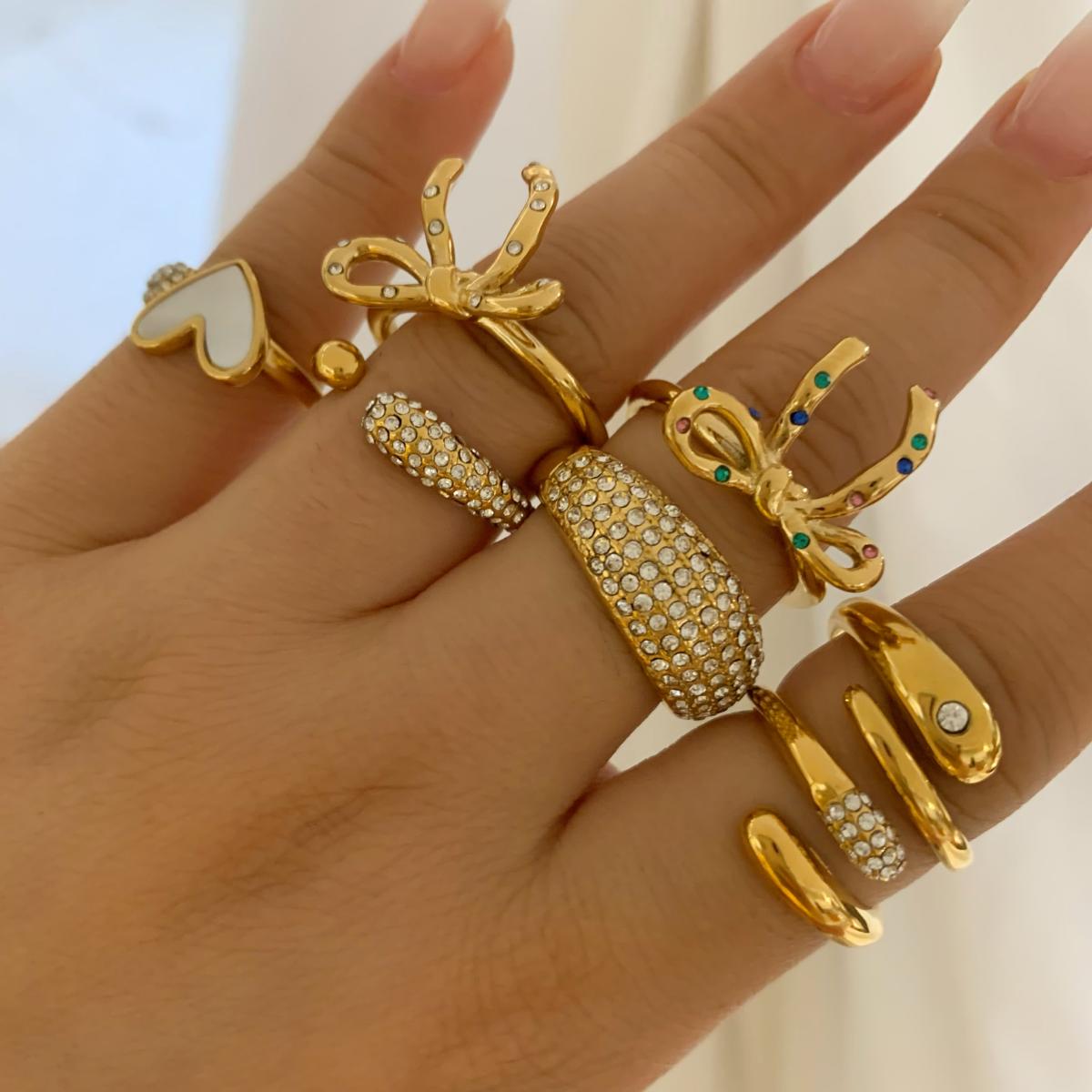 Wholesale Jewelry Casual Modern Style Heart Shape Bow Knot 316 Stainless Steel Shell Diamond 16K Gold Plated White Gold Plated Gold Plated Inlay Stainless Steel Rings