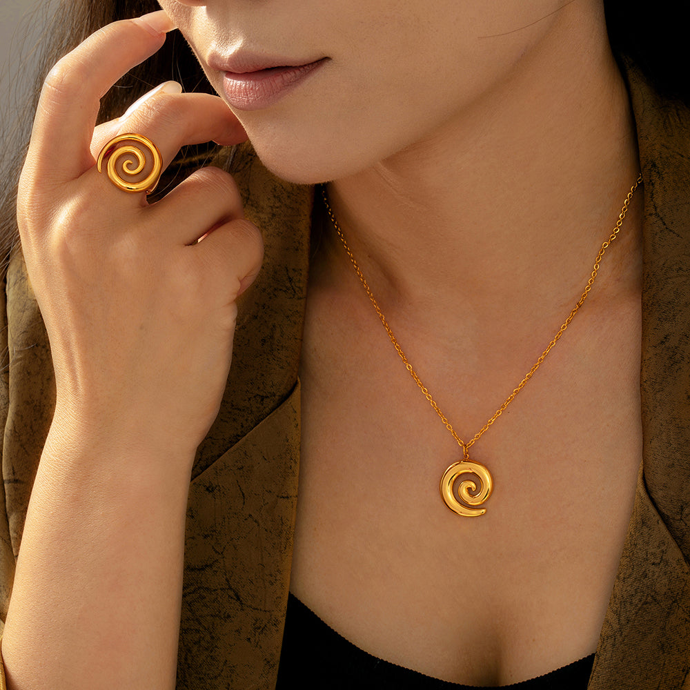 Joyería al por mayor, estilo simple, estilo clásico, espiral, acero inoxidable 304, chapado en oro de 18 quilates, anillos y collar.