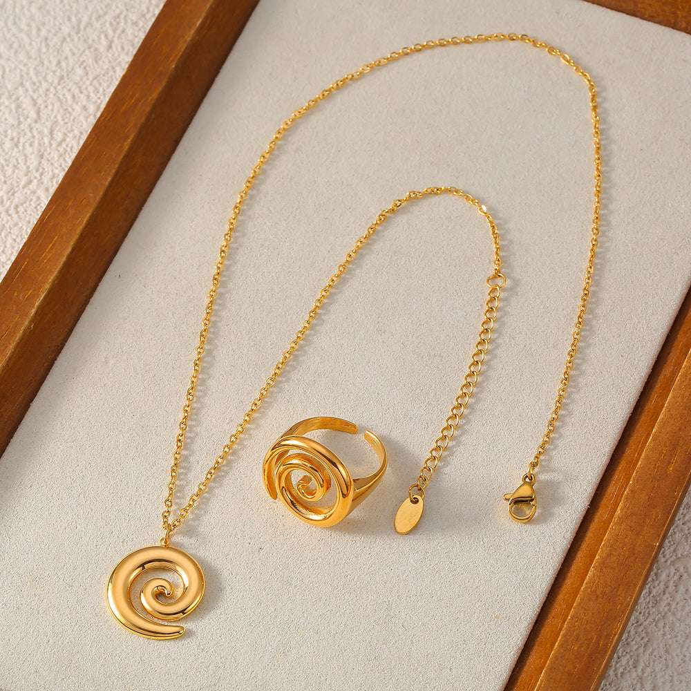 Joyería al por mayor, estilo simple, estilo clásico, espiral, acero inoxidable 304, chapado en oro de 18 quilates, anillos y collar.