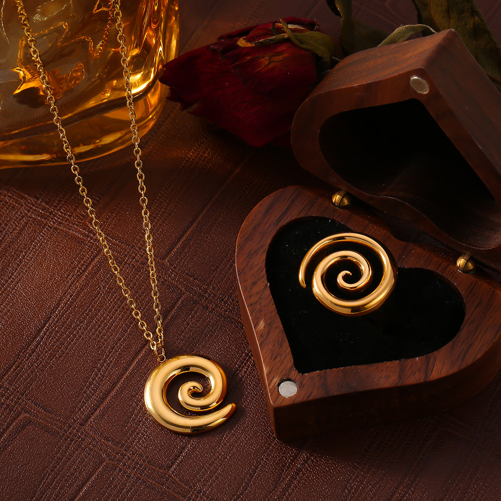 Joyería al por mayor, estilo simple, estilo clásico, espiral, acero inoxidable 304, chapado en oro de 18 quilates, anillos y collar.