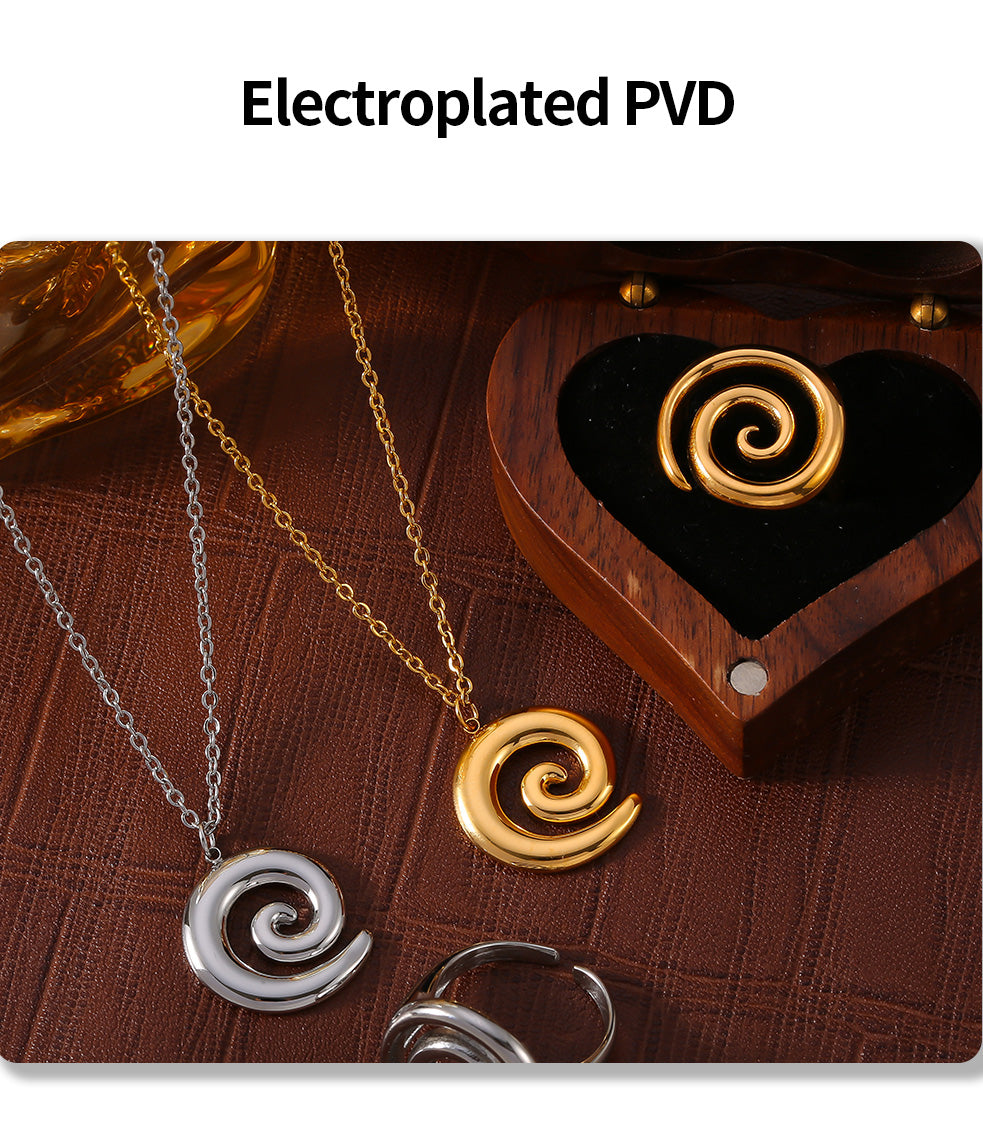 Joyería al por mayor, estilo simple, estilo clásico, espiral, acero inoxidable 304, chapado en oro de 18 quilates, anillos y collar.
