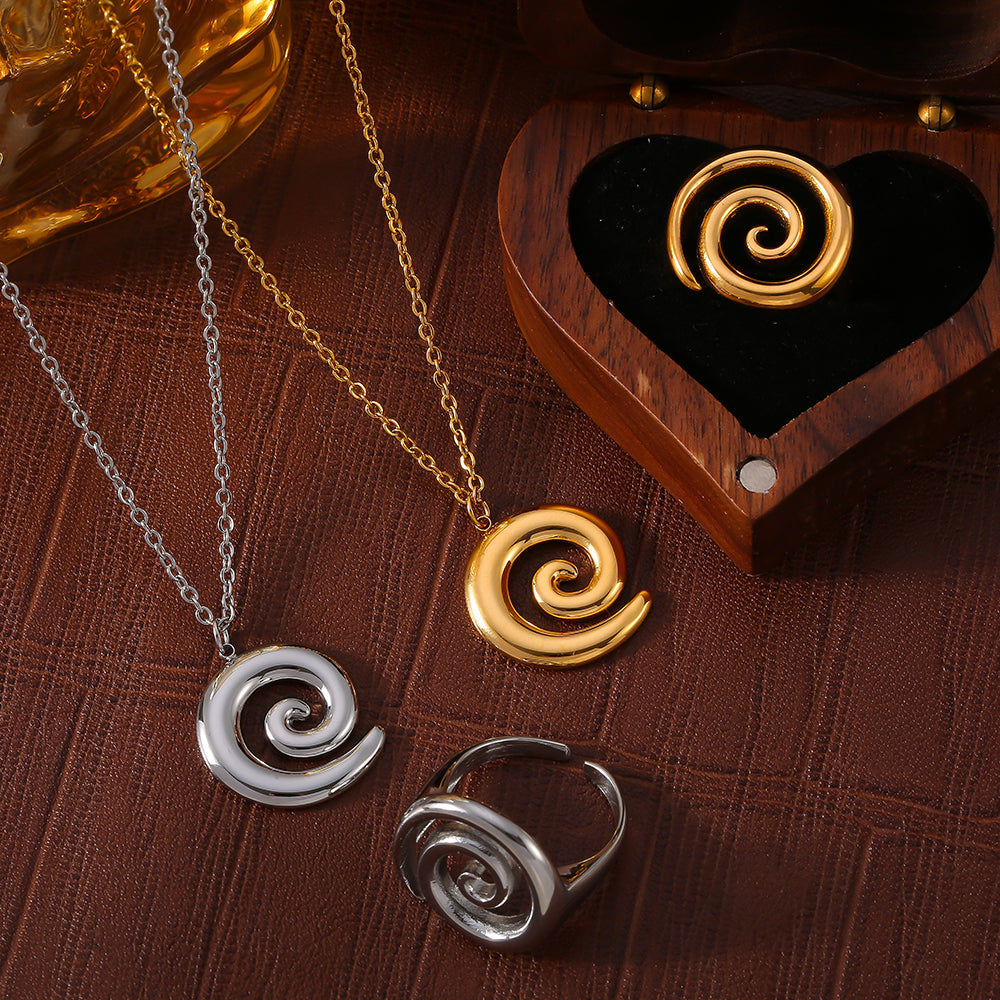 Joyería al por mayor, estilo simple, estilo clásico, espiral, acero inoxidable 304, chapado en oro de 18 quilates, anillos y collar.