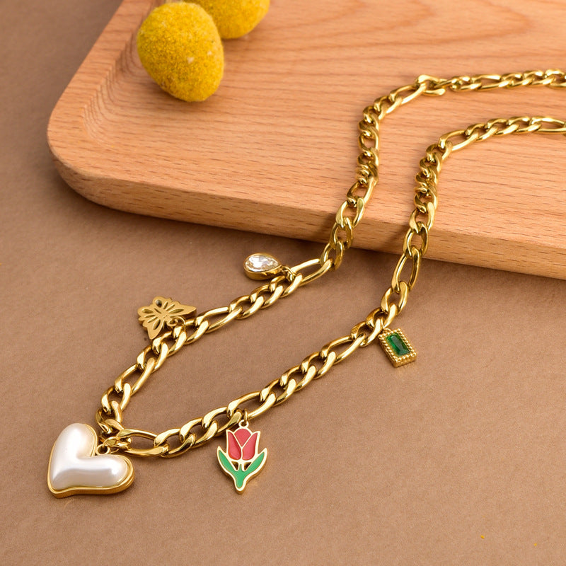 Wholesale Jewelry Retro Classic Style Sun Heart Shape Flower 304 Stainless Steel Acrylic Zircon 18K Gold Plated Epoxy Pendant Necklace
