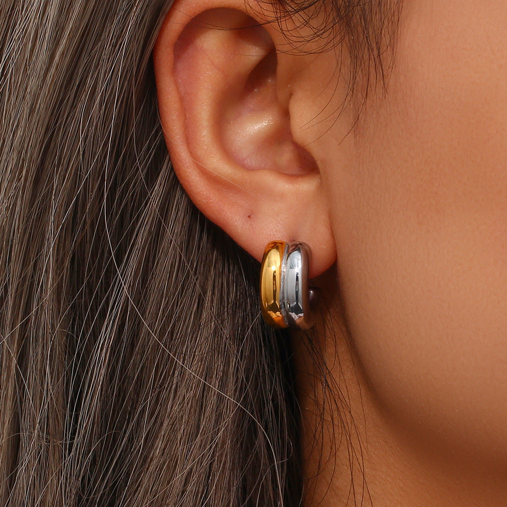 1 par de pendientes de acero inoxidable 304 con baño en forma de C, estilo básico y simple
