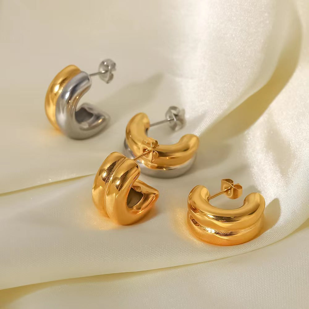 1 par de pendientes de acero inoxidable 304 con baño en forma de C, estilo básico y simple