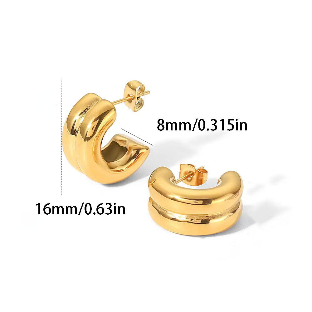 1 par de pendientes de acero inoxidable 304 con baño en forma de C, estilo básico y simple