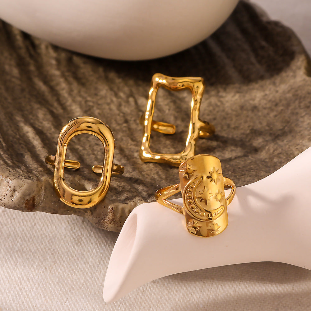 Joyería al por mayor, estilo casual, simple, estrella, luna, rectángulo, acero inoxidable 304, chapado en oro de 18 quilates, anillos abiertos huecos.