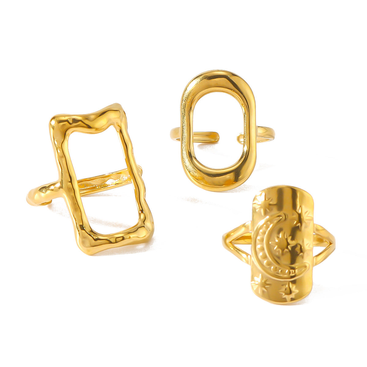Joyería al por mayor, estilo casual, simple, estrella, luna, rectángulo, acero inoxidable 304, chapado en oro de 18 quilates, anillos abiertos huecos.