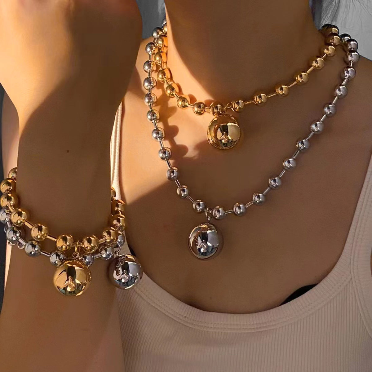 Joyería al por mayor, estilo nórdico, vacaciones, estilo moderno, pentagrama, forma de corazón redondo, acero inoxidable 304, chapado en oro de 16 quilates, chapado en oro blanco, chapado en oro, pulseras y collares.