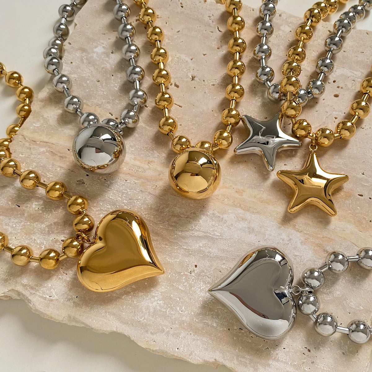 Joyería al por mayor, estilo nórdico, vacaciones, estilo moderno, pentagrama, forma de corazón redondo, acero inoxidable 304, chapado en oro de 16 quilates, chapado en oro blanco, chapado en oro, pulseras y collares.
