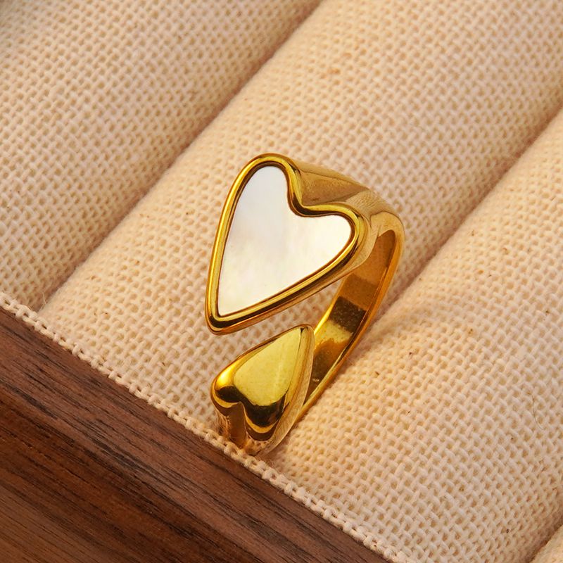 Anillos abiertos de acero inoxidable 304 con incrustaciones de acrílico y baño de oro de 18 quilates. Joyería al por mayor. Estilo moderno y clásico. Forma de corazón. 