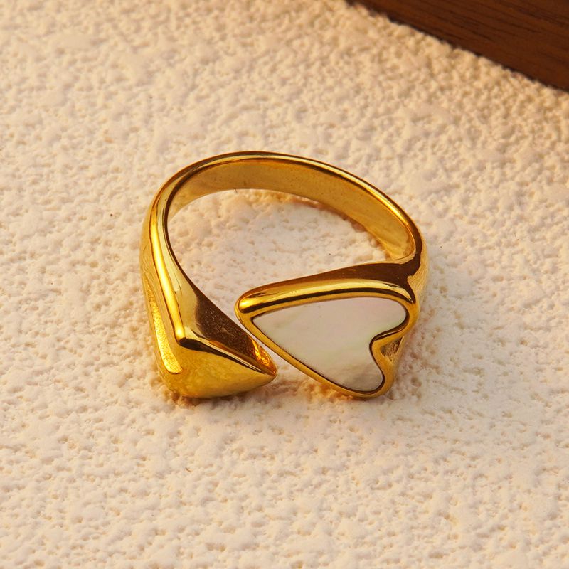 Anillos abiertos de acero inoxidable 304 con incrustaciones de acrílico y baño de oro de 18 quilates. Joyería al por mayor. Estilo moderno y clásico. Forma de corazón. 