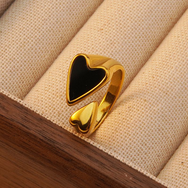 Anillos abiertos de acero inoxidable 304 con incrustaciones de acrílico y baño de oro de 18 quilates. Joyería al por mayor. Estilo moderno y clásico. Forma de corazón. 