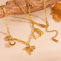 Wholesale Jewelry Cute Sweet Star Bow Knot Shell Titanium Steel Pearl 18K Gold Plated Hollow Out Inlay Pendant Necklace
