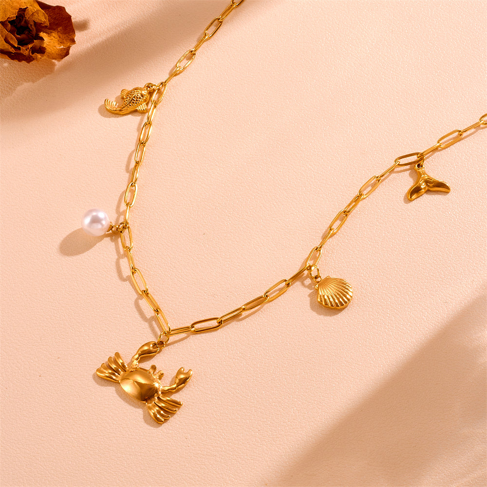 Wholesale Jewelry Cute Sweet Star Bow Knot Shell Titanium Steel Pearl 18K Gold Plated Hollow Out Inlay Pendant Necklace