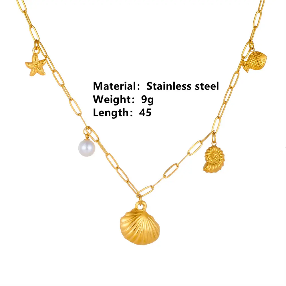 Wholesale Jewelry Cute Sweet Star Bow Knot Shell Titanium Steel Pearl 18K Gold Plated Hollow Out Inlay Pendant Necklace