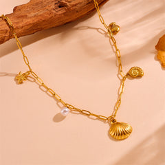 Wholesale Jewelry Cute Sweet Star Bow Knot Shell Titanium Steel Pearl 18K Gold Plated Hollow Out Inlay Pendant Necklace
