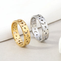 Anillos elegantes de acero y titanio con forma de estrella y luna (2 unidades)