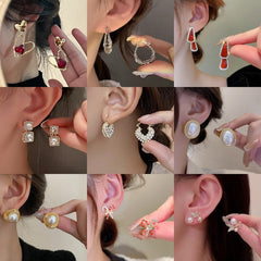 1 par de pendientes colgantes estilo IG con forma de corazón, flor, lazo, nudo, incrustaciones de aleación, perlas artificiales y diamantes de imitación.