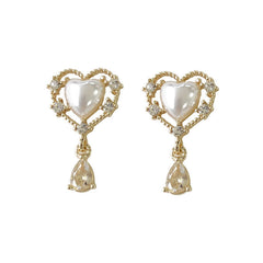 1 par de pendientes colgantes estilo IG con forma de corazón, flor, lazo, nudo, incrustaciones de aleación, perlas artificiales y diamantes de imitación.