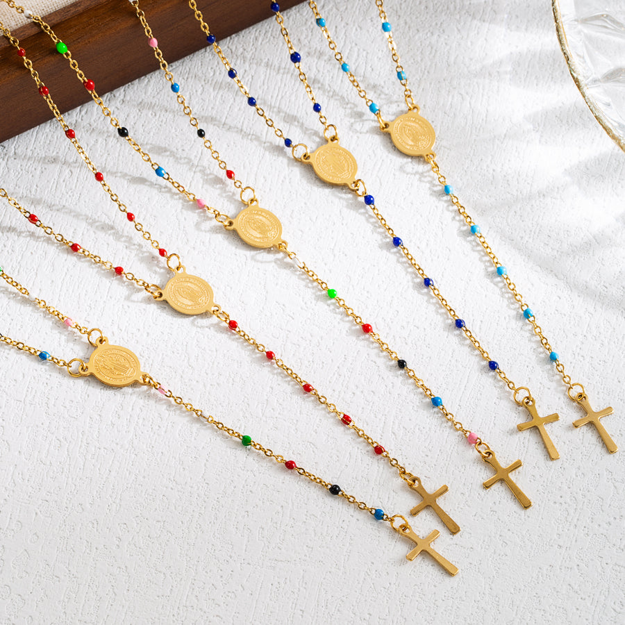 Joyería al por mayor: elegante collar de acero inoxidable 203L con esmalte chapado en oro de 18 quilates y retrato étnico.