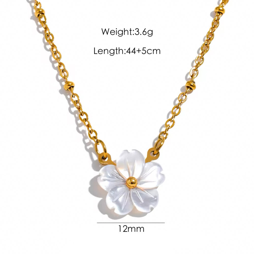 Joyería al por mayor, estilo IG, elegante flor dulce, acero inoxidable 304, concha, chapado en oro de 18 quilates, anillos, pendientes y collar.
