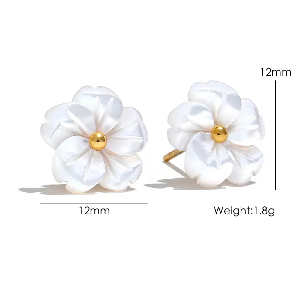 Joyería al por mayor, estilo IG, elegante flor dulce, acero inoxidable 304, concha, chapado en oro de 18 quilates, anillos, pendientes y collar.