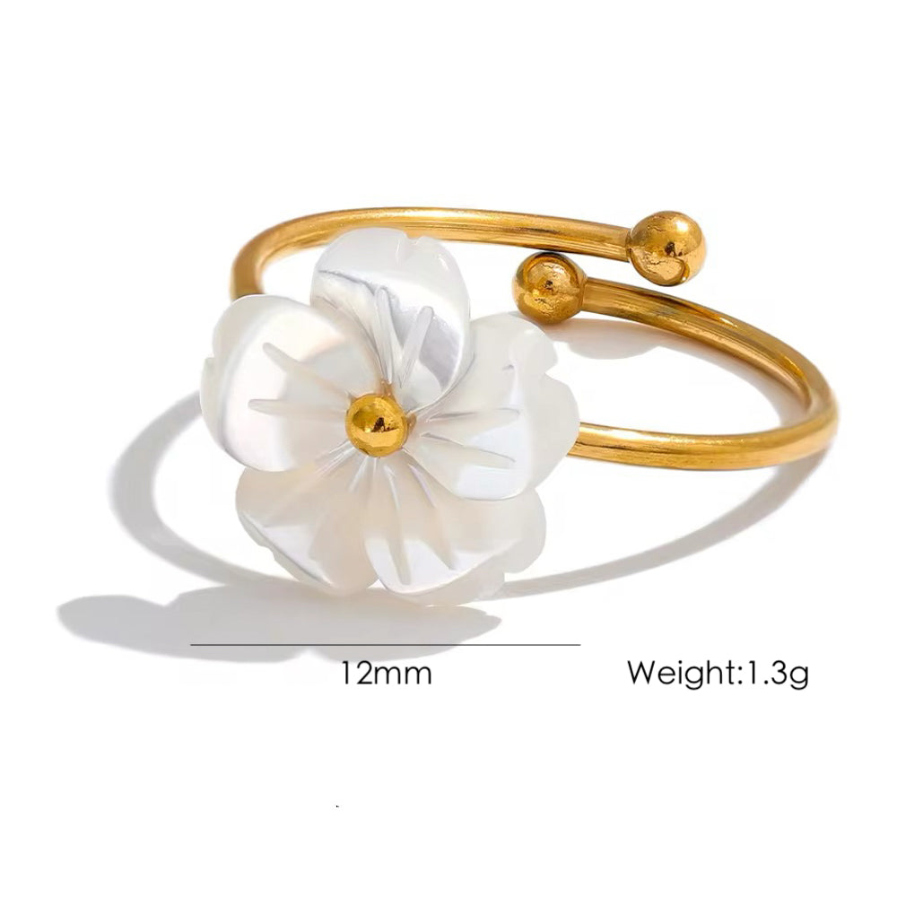 Joyería al por mayor, estilo IG, elegante flor dulce, acero inoxidable 304, concha, chapado en oro de 18 quilates, anillos, pendientes y collar.