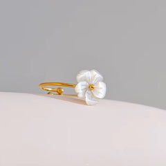 Joyería al por mayor, estilo IG, elegante flor dulce, acero inoxidable 304, concha, chapado en oro de 18 quilates, anillos, pendientes y collar.
