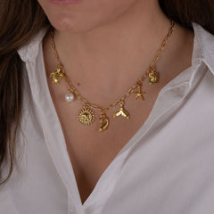 Collar con colgante de acero inoxidable 201 y 304 chapado en oro de 18 quilates con diseño de estrella de mar, delfín y concha de estilo marino.