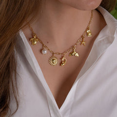 Collar con colgante de acero inoxidable 201 y 304 chapado en oro de 18 quilates con diseño de estrella de mar, delfín y concha de estilo marino.