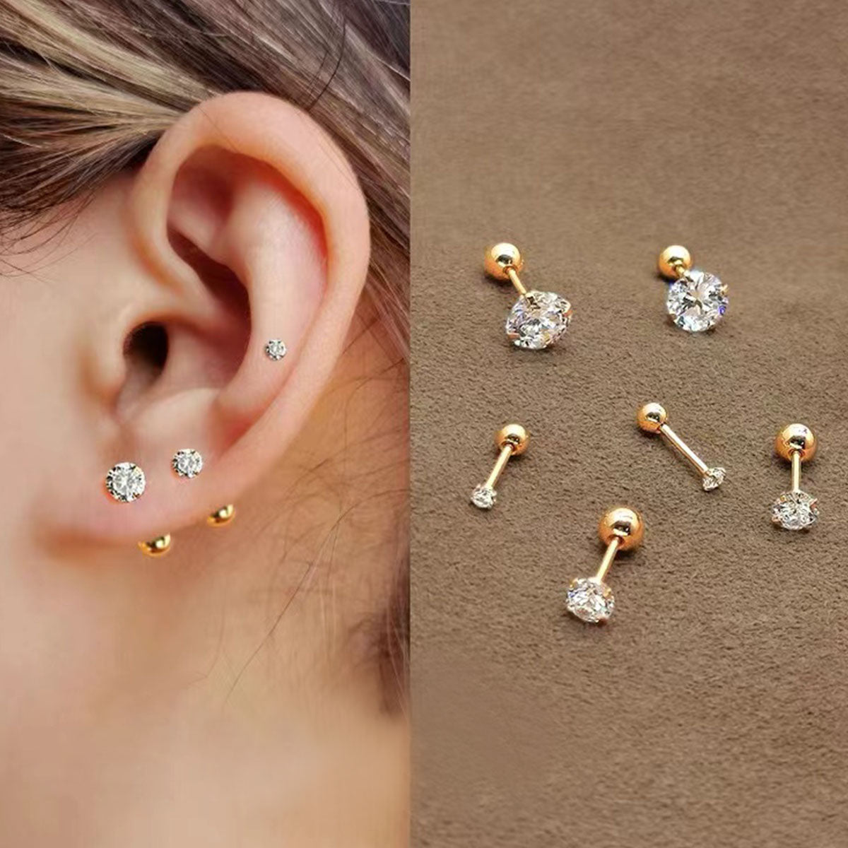 1 par de pendientes de acero inoxidable 304 con incrustaciones redondas de estilo simple y circonita chapada en oro de 18 quilates.
