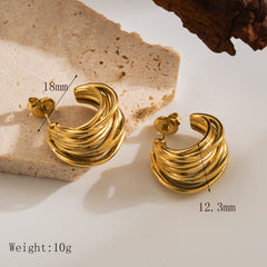 1 par de pendientes básicos de estilo simple en forma de C, de color sólido, de acero inoxidable 304 chapado en oro de 14 quilates