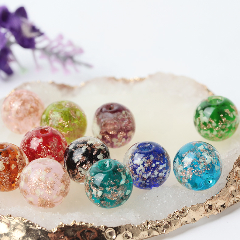 Suministro de cuentas de vidrio de arena dorada luminosas, cuentas sueltas, cuentas redondas de cristal, accesorios de joyería para bricolaje, material para pulseras, pulsera de cuentas 