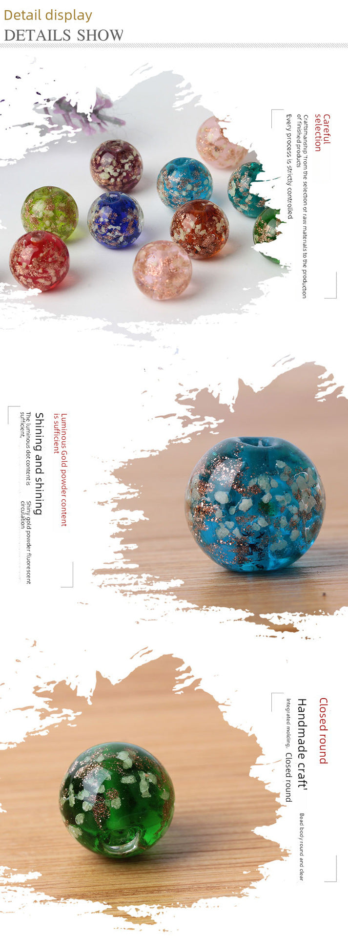 Suministro de cuentas de vidrio de arena dorada luminosas, cuentas sueltas, cuentas redondas de cristal, accesorios de joyería para bricolaje, material para pulseras, pulsera de cuentas 