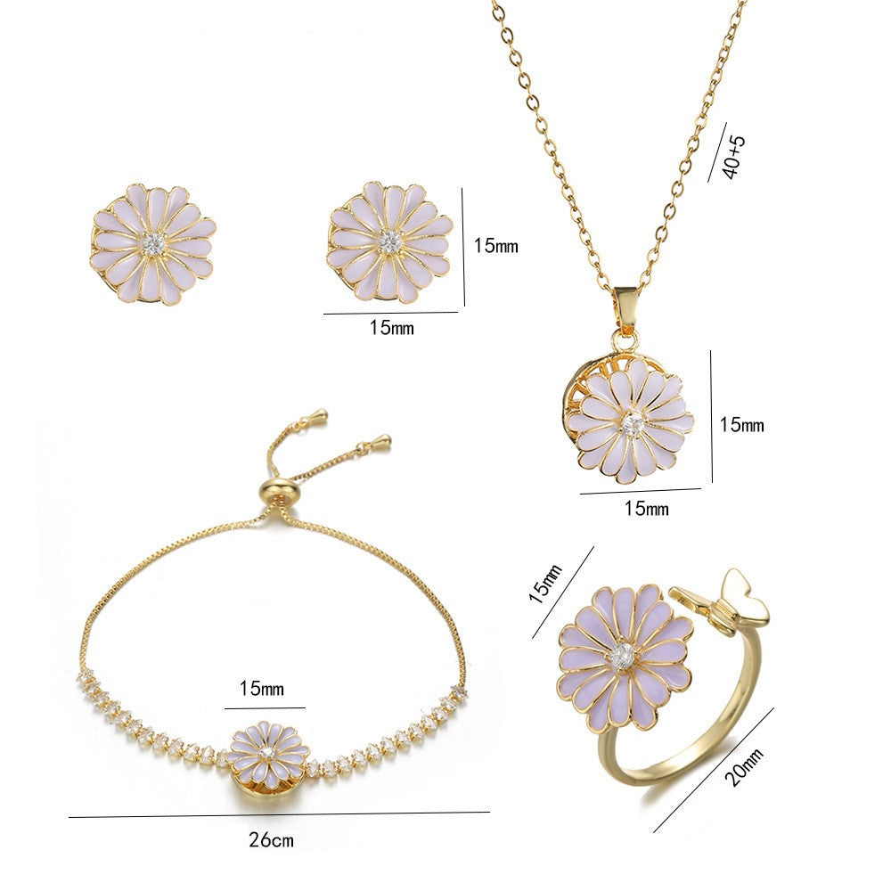 Joyería al por mayor: Anillos, pendientes y collar con incrustaciones de circonitas de acero y titanio con diseño de conejo, flor y copo de nieve.