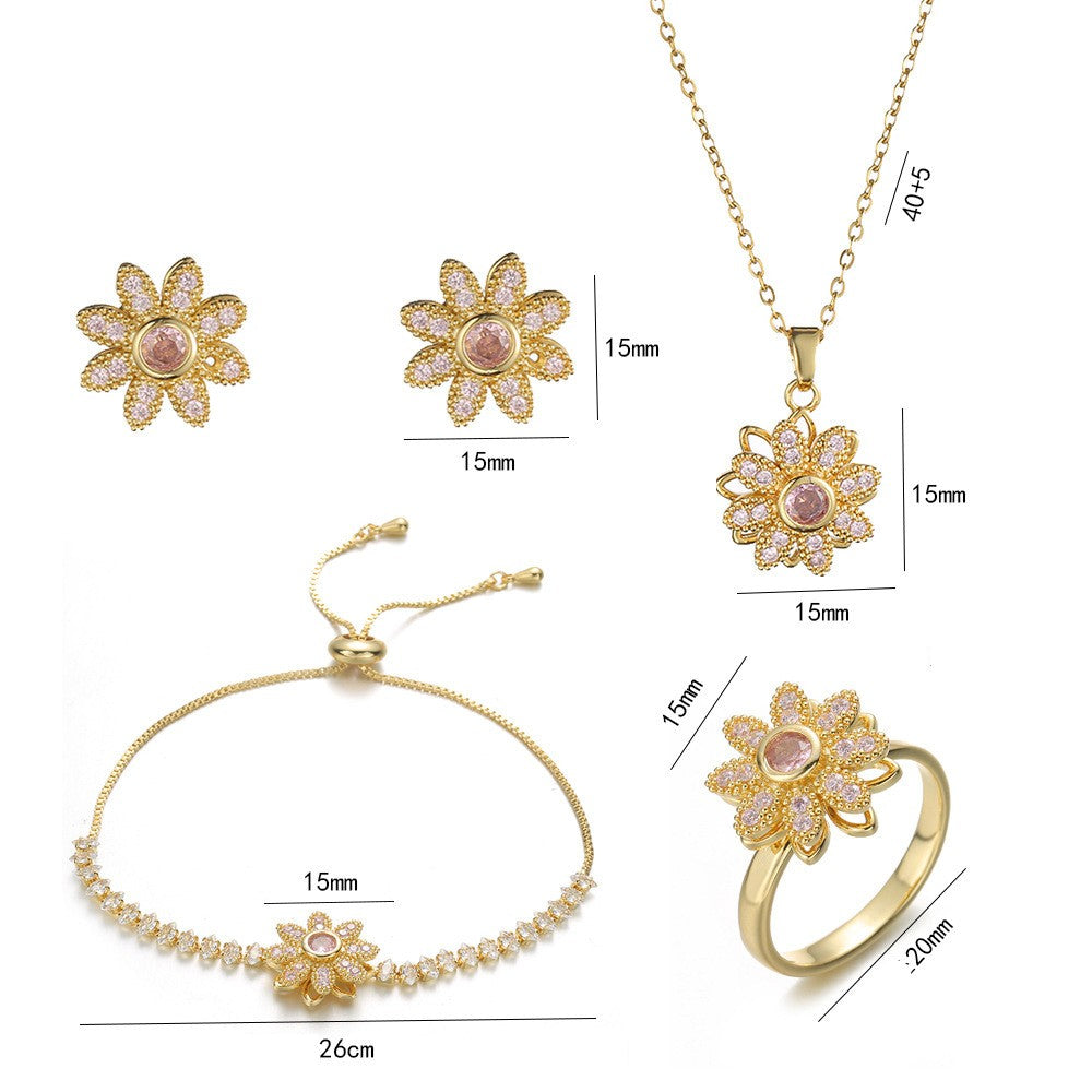 Joyería al por mayor: Anillos, pendientes y collar con incrustaciones de circonitas de acero y titanio con diseño de conejo, flor y copo de nieve.