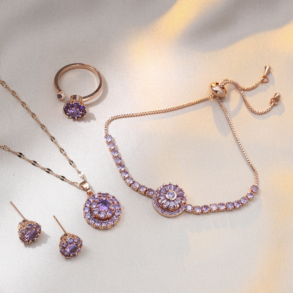 Joyería al por mayor: Anillos, pendientes y collar con incrustaciones de circonitas de acero y titanio con diseño de conejo, flor y copo de nieve.