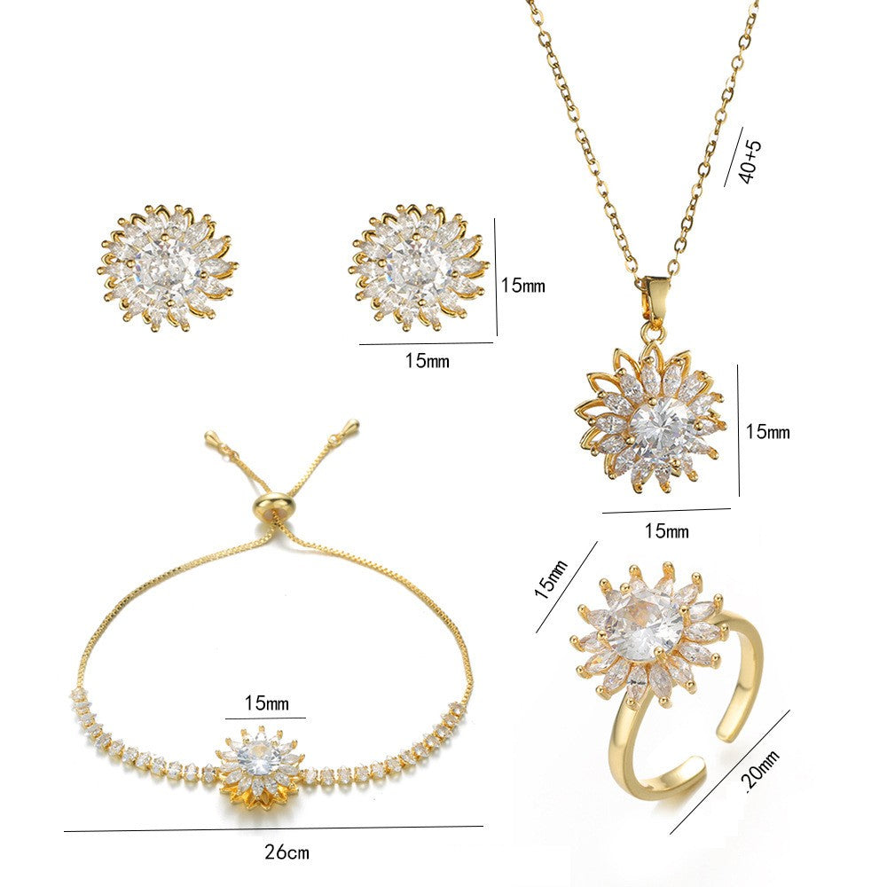 Joyería al por mayor: Anillos, pendientes y collar con incrustaciones de circonitas de acero y titanio con diseño de conejo, flor y copo de nieve.