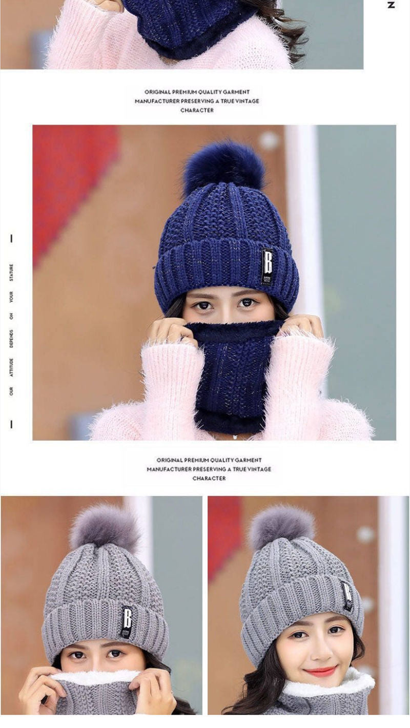Gorro de invierno para mujer, estilo coreano, forro polar, gorro de lana gruesa, bufanda cálida, gorro de punto para otoño e invierno, venta al por mayor