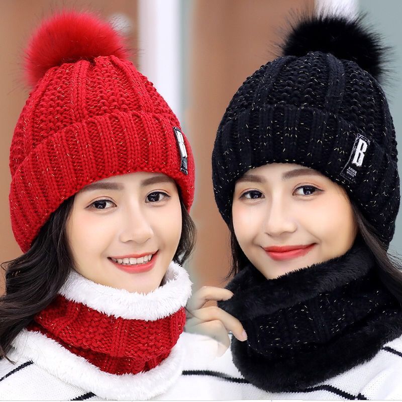 Gorro de invierno para mujer, estilo coreano, forro polar, gorro de lana gruesa, bufanda cálida, gorro de punto para otoño e invierno, venta al por mayor