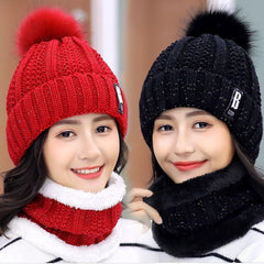 Gorro de invierno para mujer, estilo coreano, forro polar, gorro de lana gruesa, bufanda cálida, gorro de punto para otoño e invierno, venta al por mayor
