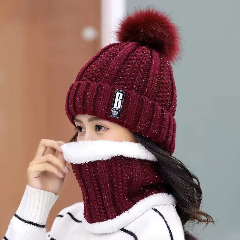 Gorro de invierno para mujer, estilo coreano, forro polar, gorro de lana gruesa, bufanda cálida, gorro de punto para otoño e invierno, venta al por mayor