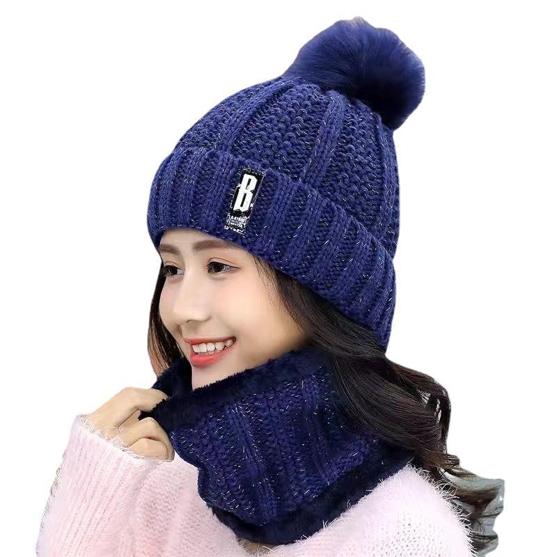 Gorro de invierno para mujer, estilo coreano, forro polar, gorro de lana gruesa, bufanda cálida, gorro de punto para otoño e invierno, venta al por mayor