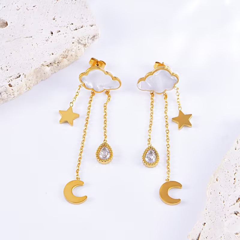 Conjunto de joyería al por mayor de estilo francés, estilo simple, nubes, estrellas y luna, acero inoxidable 304, chapado en oro de 18 quilates.