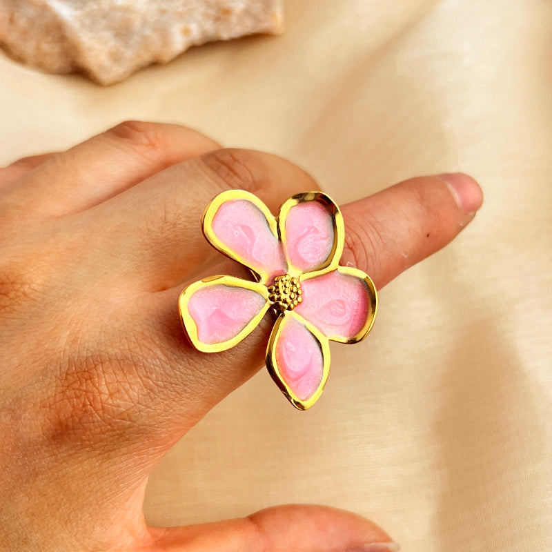 Anillos abiertos de acero inoxidable 304 con esmalte chapado en oro de 18 quilates, estilo retro, informal, sencillo, con flores, venta al por mayor 