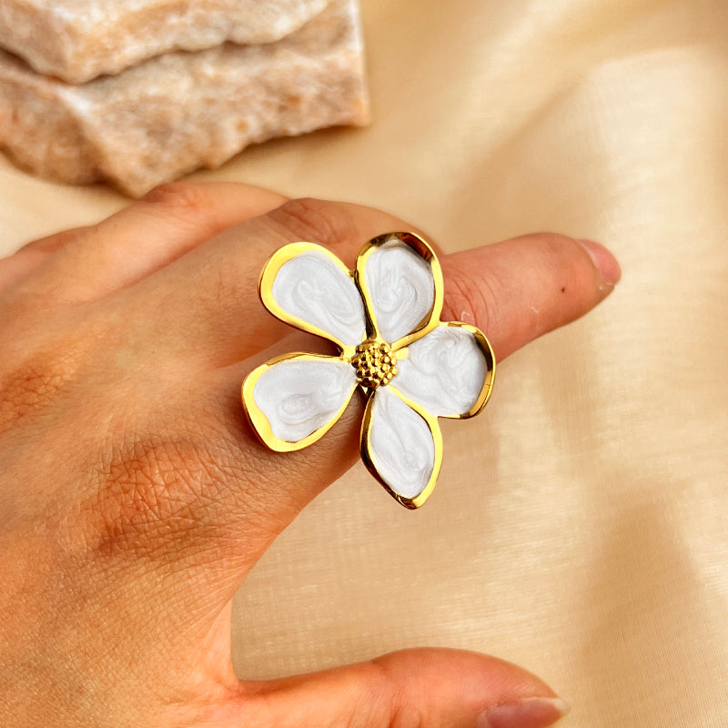 Anillos abiertos de acero inoxidable 304 con esmalte chapado en oro de 18 quilates, estilo retro, informal, sencillo, con flores, venta al por mayor 