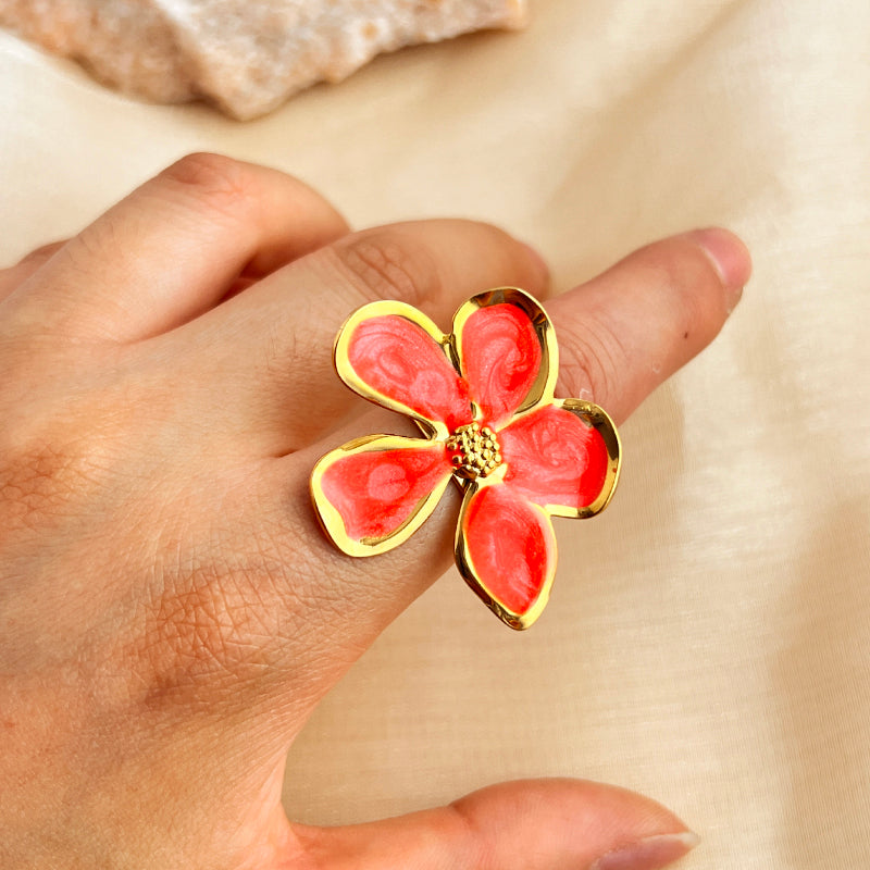 Anillos abiertos de acero inoxidable 304 con esmalte chapado en oro de 18 quilates, estilo retro, informal, sencillo, con flores, venta al por mayor 