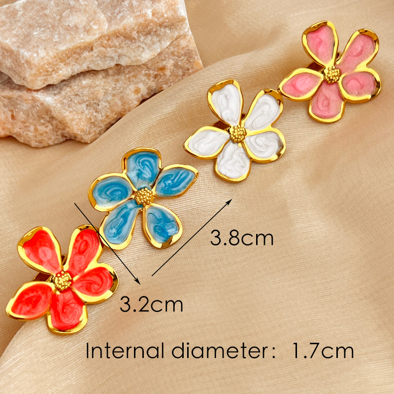 Anillos abiertos de acero inoxidable 304 con esmalte chapado en oro de 18 quilates, estilo retro, informal, sencillo, con flores, venta al por mayor 