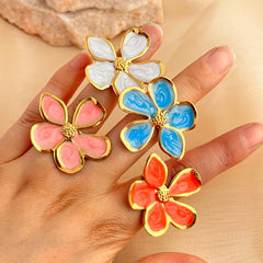 Anillos abiertos de acero inoxidable 304 con esmalte chapado en oro de 18 quilates, estilo retro, informal, sencillo, con flores, venta al por mayor 